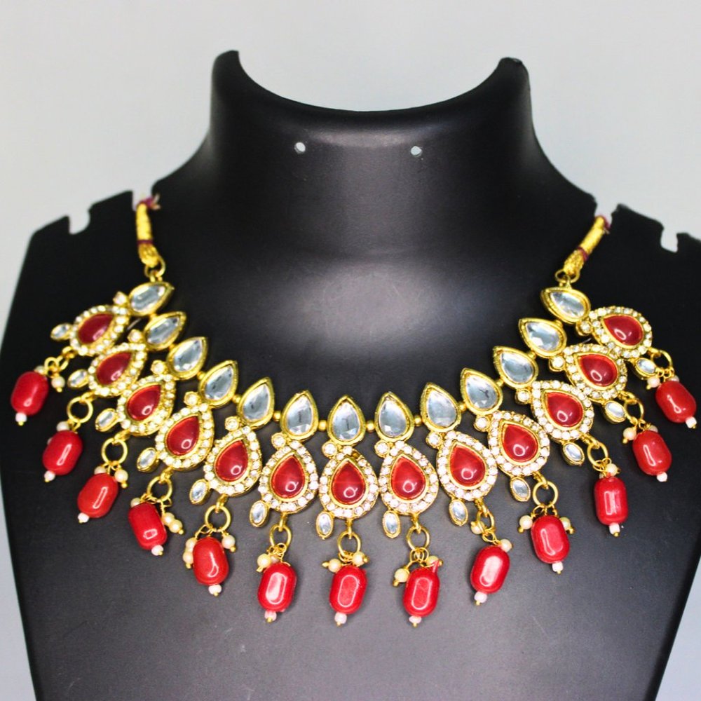 Red Kundan Jewellery Set Heavy Kundan Set Wedding Kundan Jewellery - Picture 1 of 3